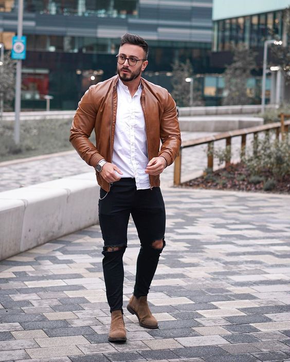 Leather Jacket with Black Ripped Jeans and Chelsea Boots